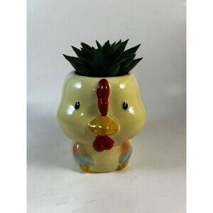 Ceramic Baby Chicken Planter Yellow Chick Faux Succulent Room Decor 5”